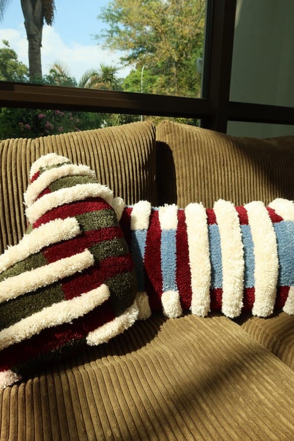 Close-up of striped scatter cushions from the collection
