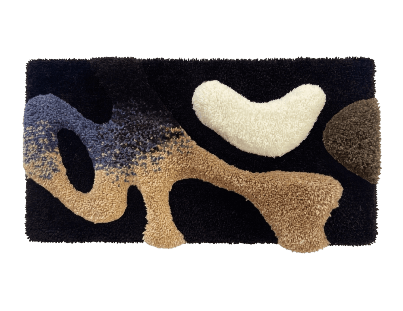 The giant Liquid Rug piece, a marbled organic-shape design in tan, blue, and cream on black