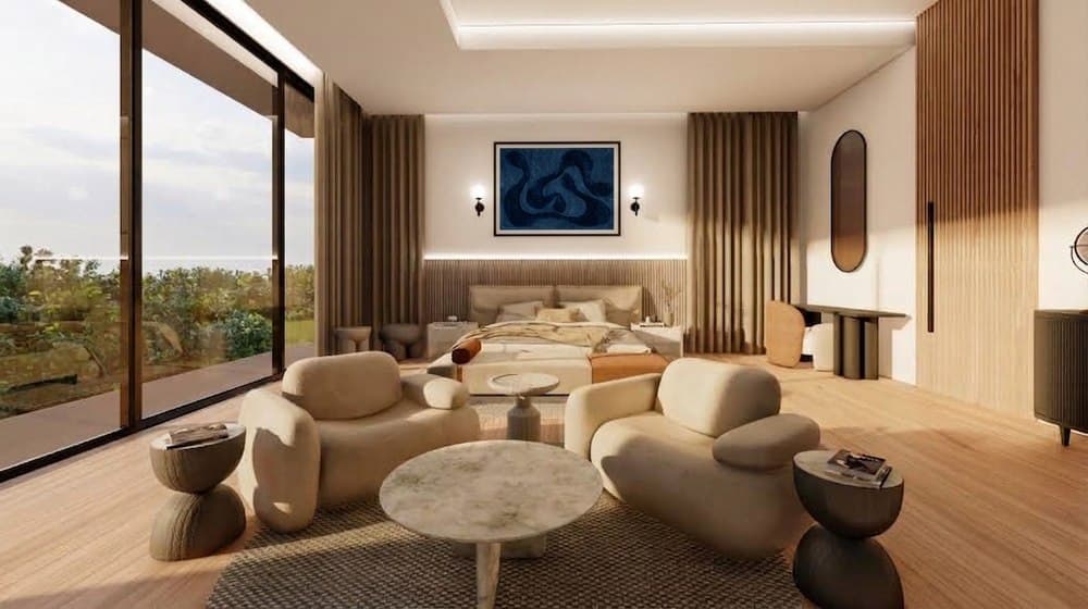 Concept render of a framed navy Liquid Rug piece above a bed