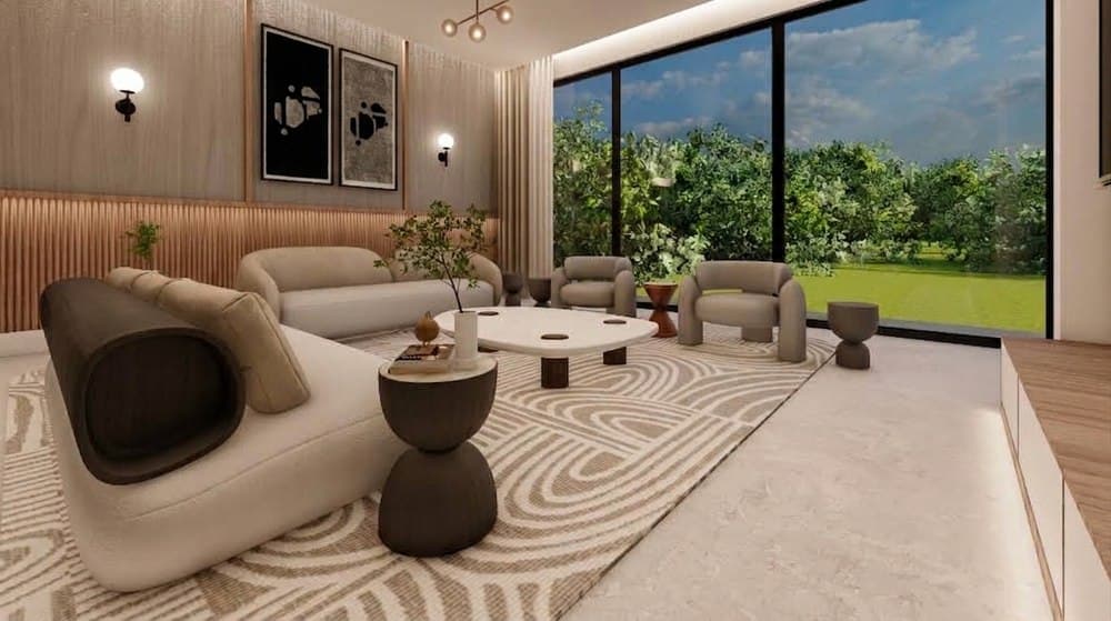 Concept render of a lounge styled with a patterned floor rug