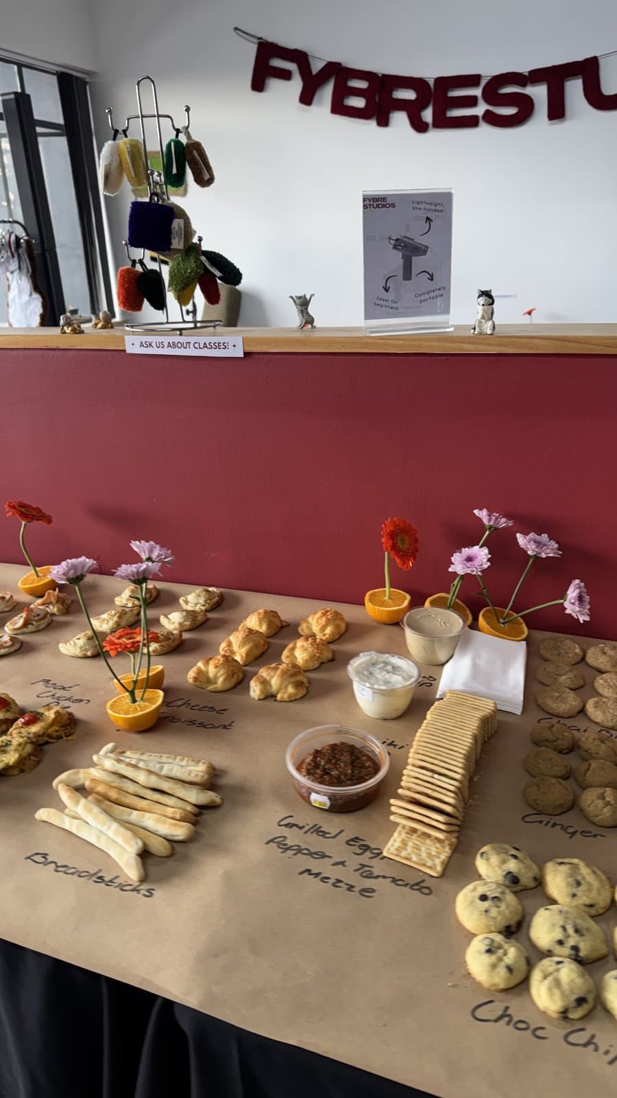 Snack table set up in the studio for an event